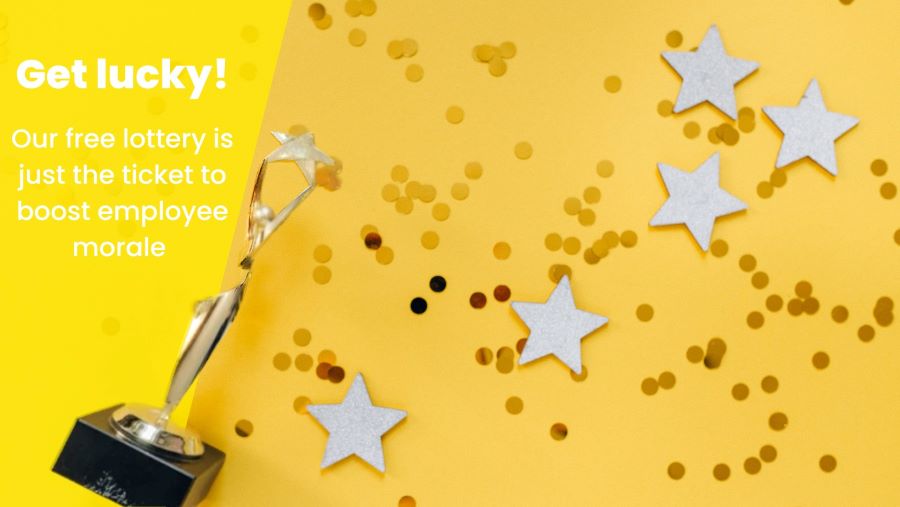 Blog title 'Get lucky! Our free lottery is just the ticket to boost employee morale', over flatlay of stars, confetti and trophy on yellow background