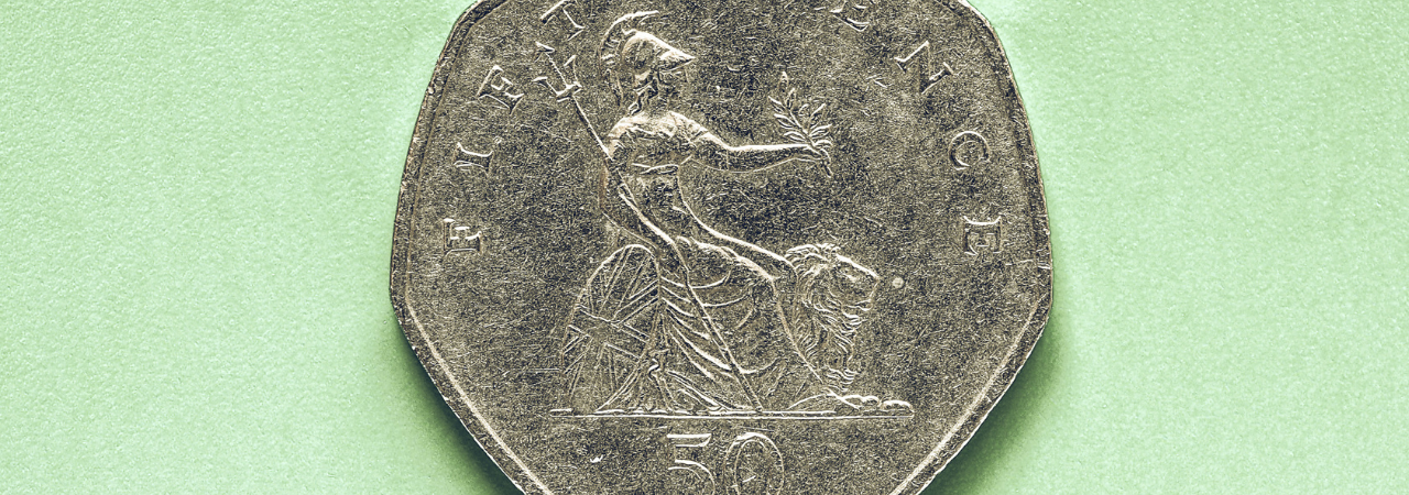 Green background with close up of 50 pence coin