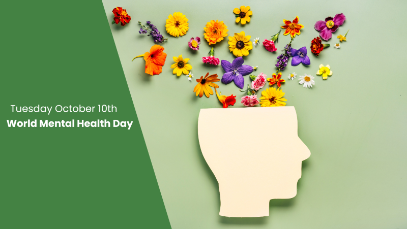 Flatlay of face silhouette with flowers spilling out, with overlay of 'World Mental Health Day'