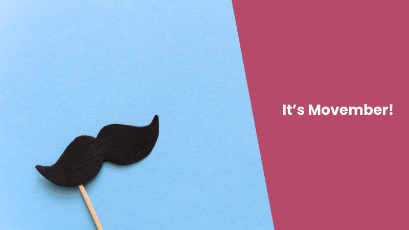 Fabric moustache on a stick against a blue background, with overlay of blog title, 'It's Movember!'