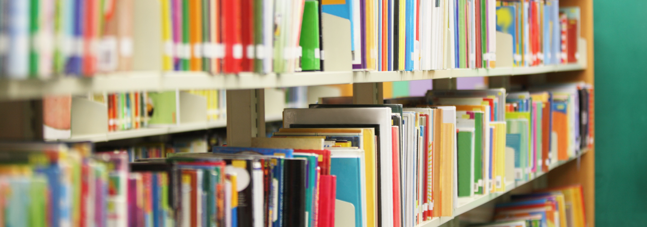 Close up of library book shelf