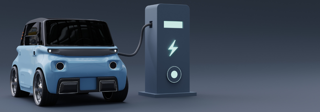 small electric car hooked up to charger in 3D cartoon style, against grey background