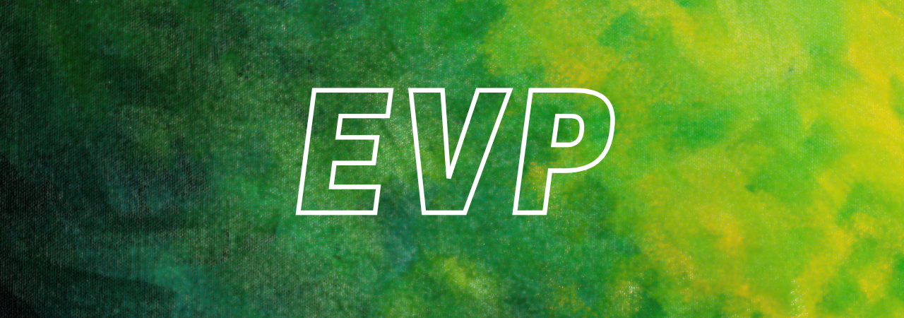 Background of dappled different shades of green paint, with letters 'EVP' in white block outline font