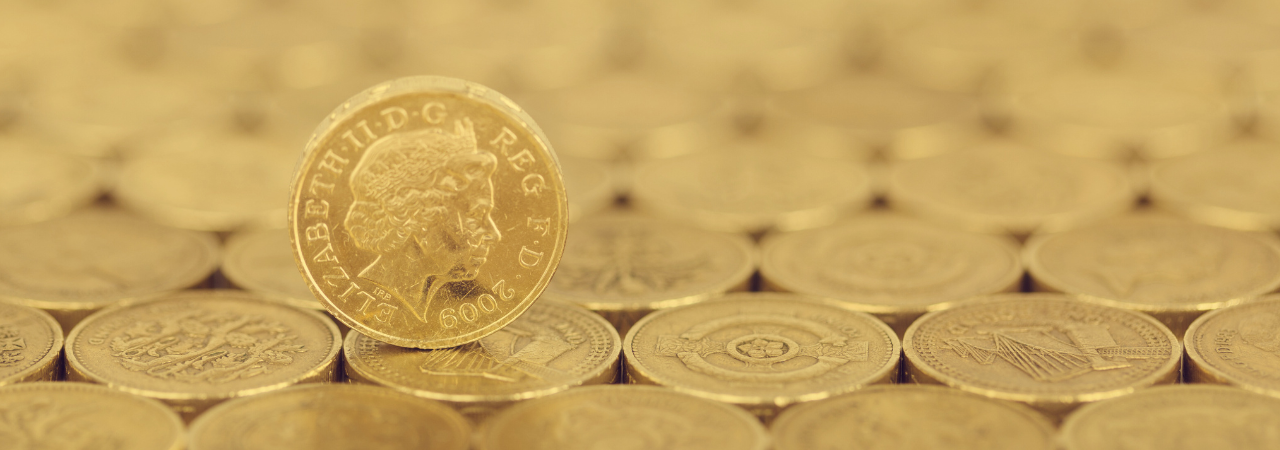 Pound coins laid down flat in rows, with one pound coin stood up, as main focus