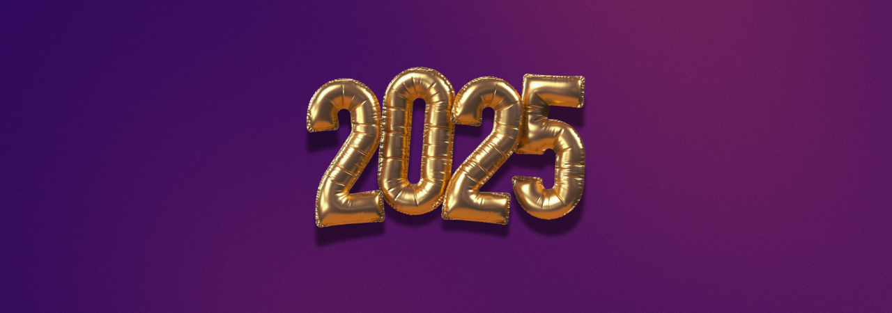 purple background with gold balloons in the centre, spelling out '2025'